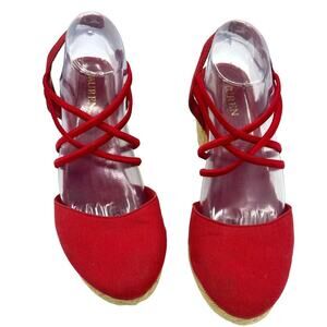 Lauren Ralph Lauren Red Womens Espadrille Wedges‎ Size 9.5 Festival Resort